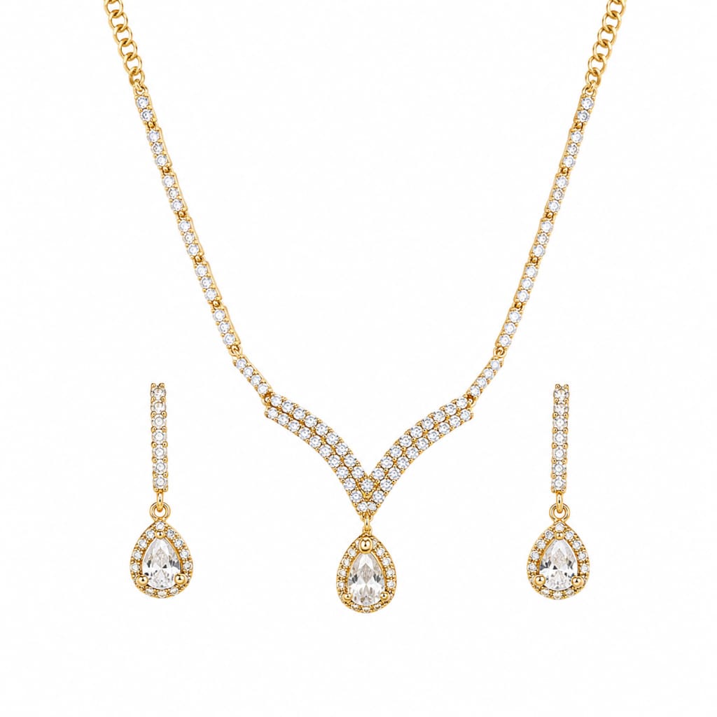 Gold-plated 925 sterling silver V-shaped crystal necklace and teardrop earrings set on white