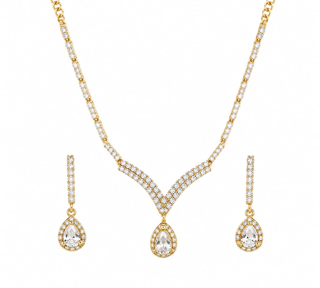 Gold-plated 925 sterling silver V-shaped crystal necklace and teardrop earrings set on white