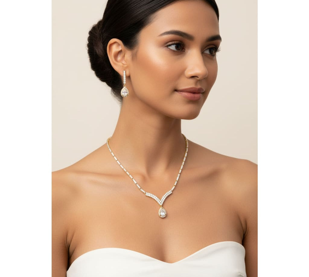 Gold-Plated 925 Sterling Silver V-Shaped Crystal Necklace &