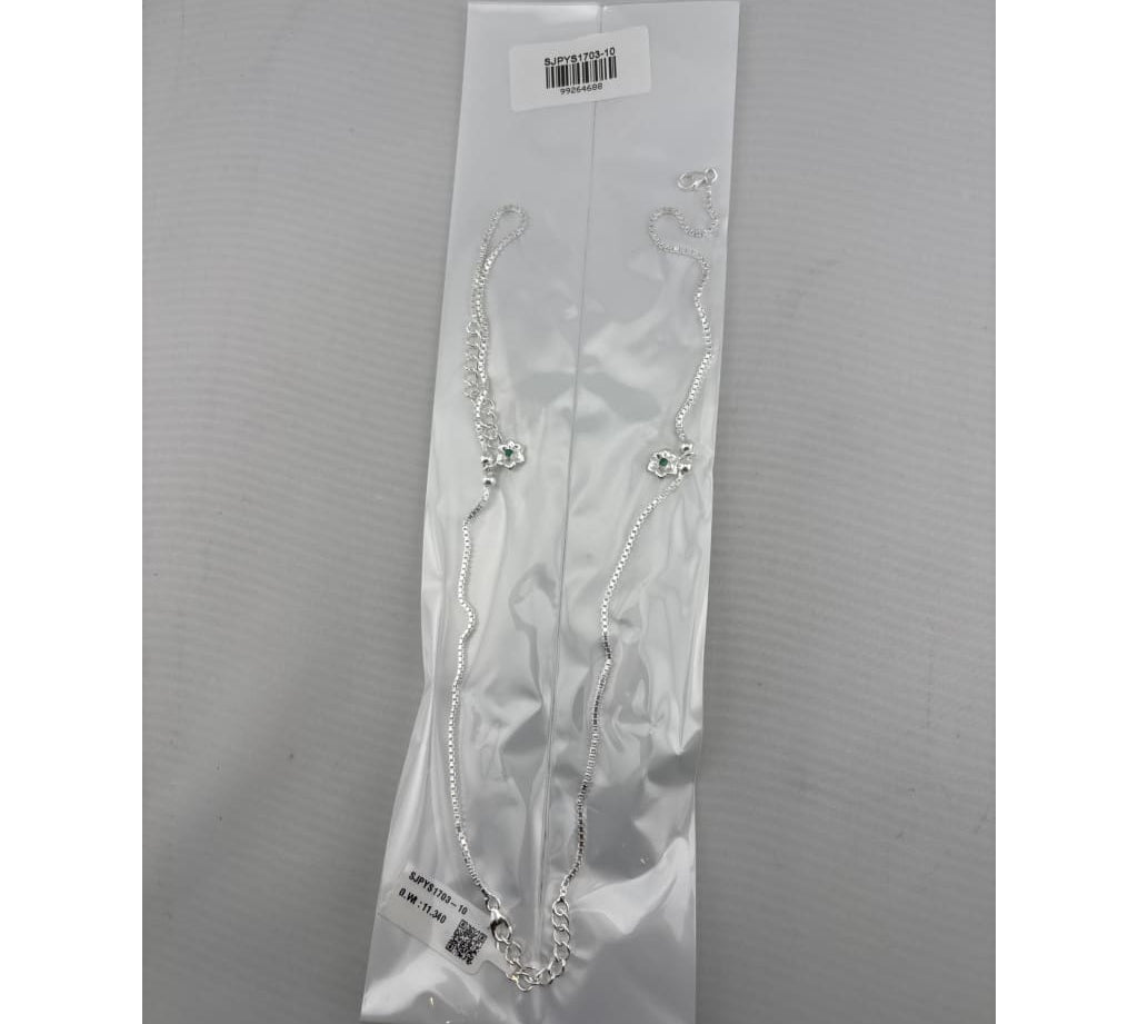 Green Flower Charm Silver Anklet – 99.9% Pure Silver – Weight:11g