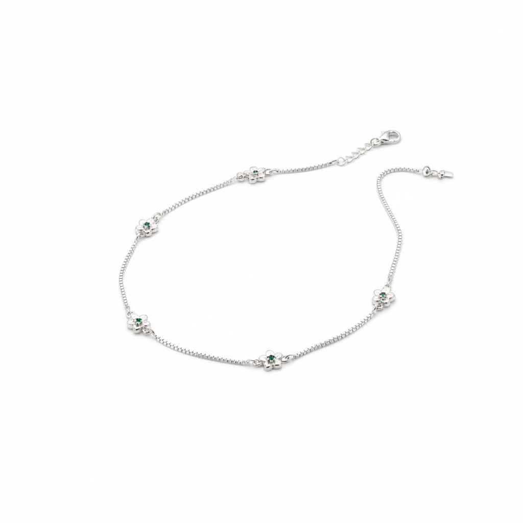 Green Flower Charm Silver Anklet – 99.9% Pure Silver – Weight:11g