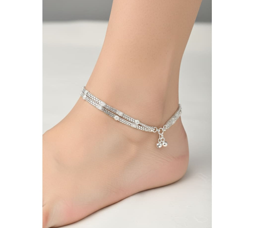 Grid Pattern Silver Anklet – 99.9% Pure Silver – Minimal Ghungroo Charm – Adjustable – 29.730g