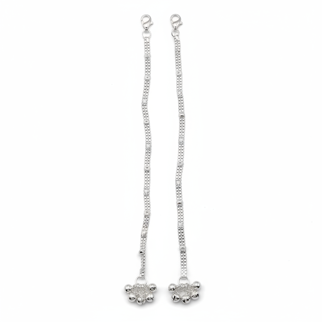 Grid Pattern Silver Anklet – 99.9% Pure Silver – Minimal Ghungroo Charm – Adjustable-29.730g