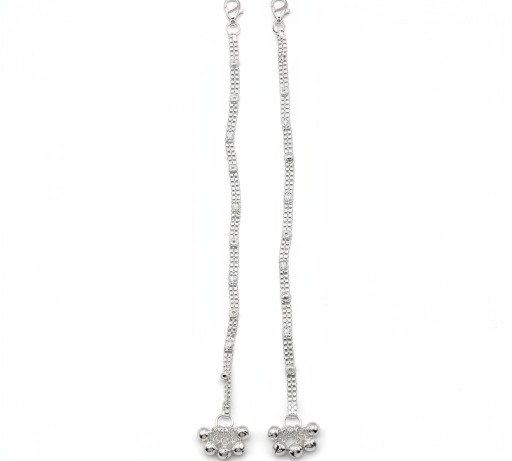 Grid Pattern Silver Anklet – 99.9% Pure Silver – Minimal Ghungroo Charm – Adjustable-29.730g