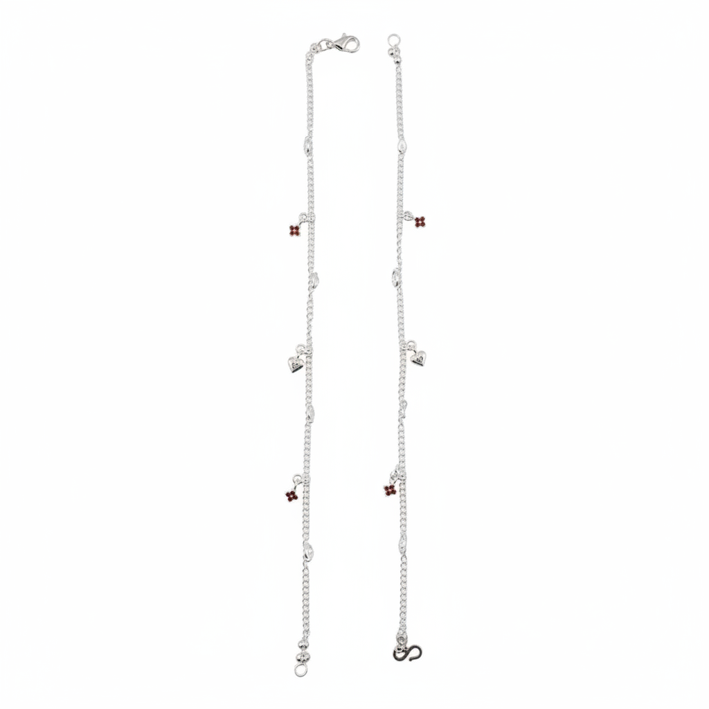 Heart Drop Charm Silver Anklet – 99.9% Pure Silver – Adjustable – 18.48 g