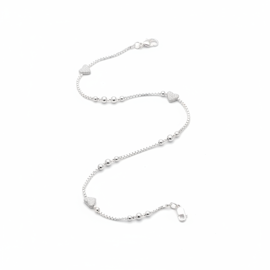 Heart Wave Delicate Silver Anklet – 99.9% Pure Silver – Adjustable – 14.00 g