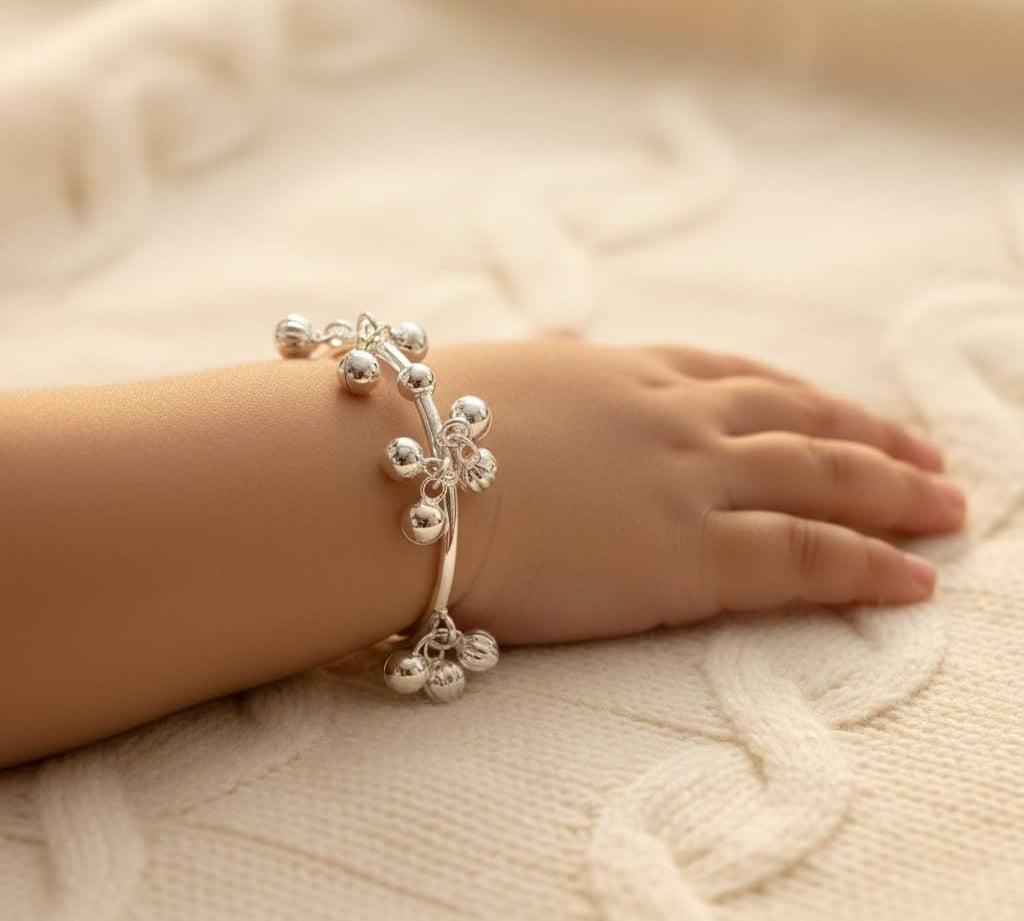 Kids Ghungroo Bangle – 925 Sterling Silver Baby Kada Bracelet with Hanging Charms (Pair) | 17g