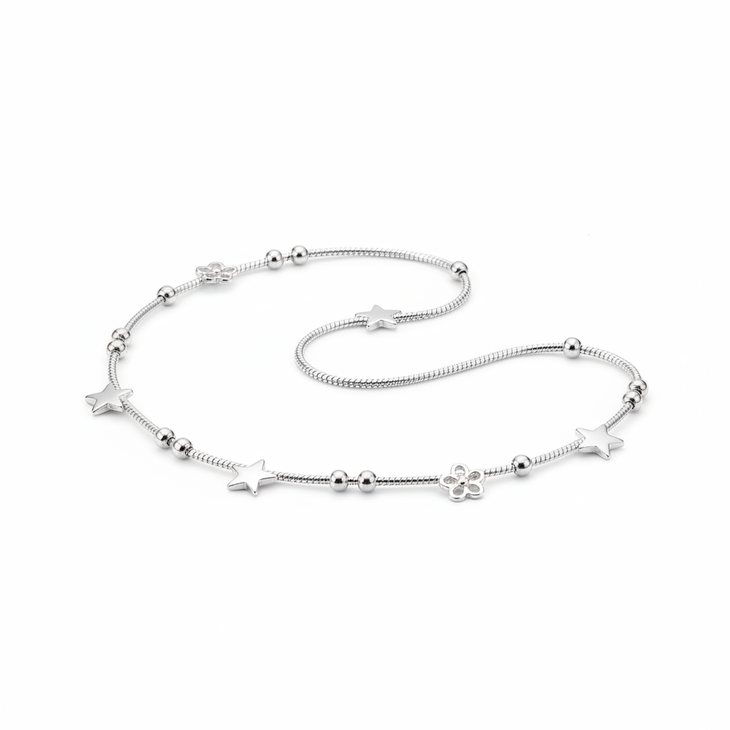Mini Blossom Charm Silver Anklet – 99.9% Pure Silver – Weight:7g