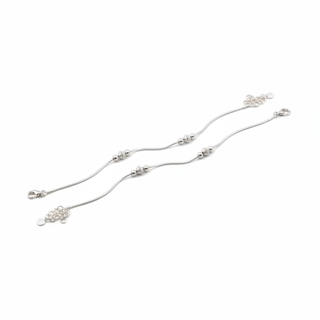 Minimal Bead Flow Silver Anklet – 99.9% Pure Silver – Adjustable – 13.37 g