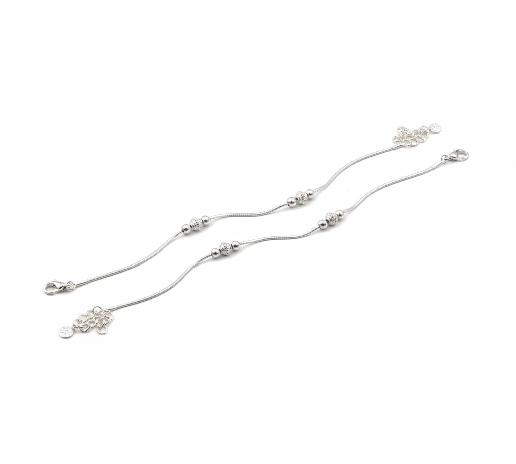 Minimal Bead Flow Silver Anklet – 99.9% Pure Silver – Adjustable – 13.37 g