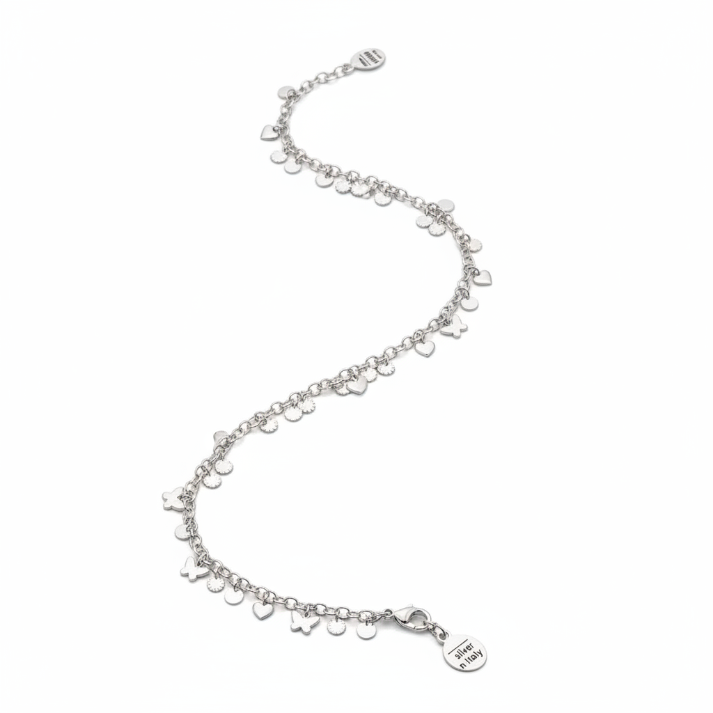 Multi Charm Anklet – 925 Sterling Silver – Heart Butterfly Lucky Charms Design-21g