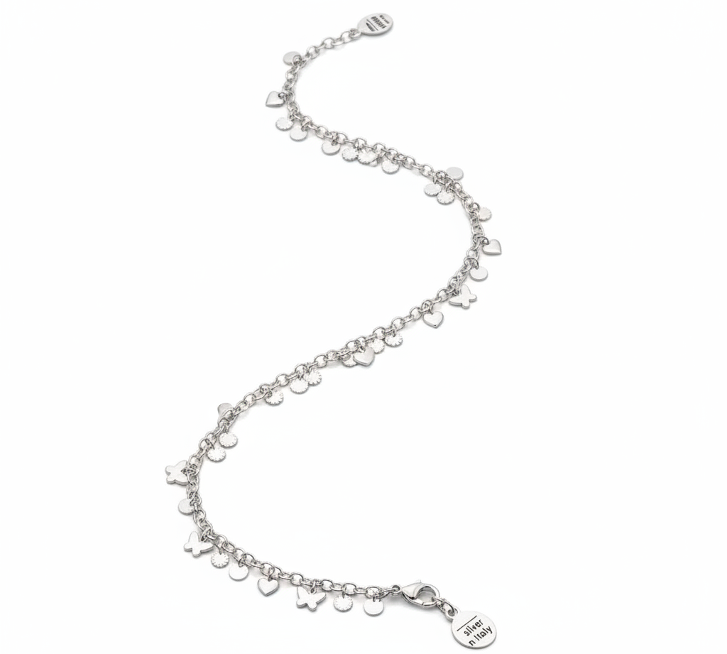 Multi Charm Anklet – 925 Sterling Silver – Heart Butterfly Lucky Charms Design-21g