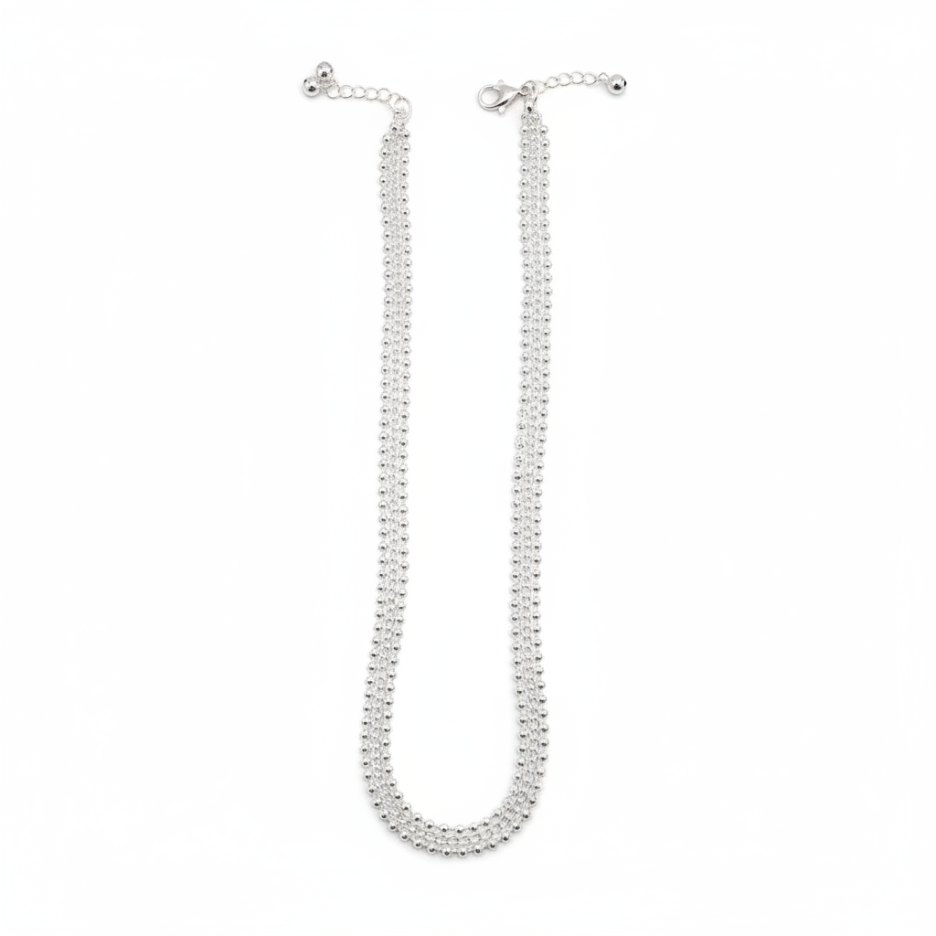 Multi Layer Silver Anklet – 99.9% Pure Silver – Beaded Chain Design – Adjustable – 36.50 g