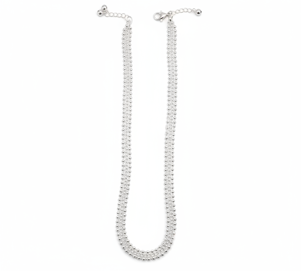 Multi Layer Silver Anklet – 99.9% Pure Silver – Beaded Chain Design – Adjustable – 36.50 g