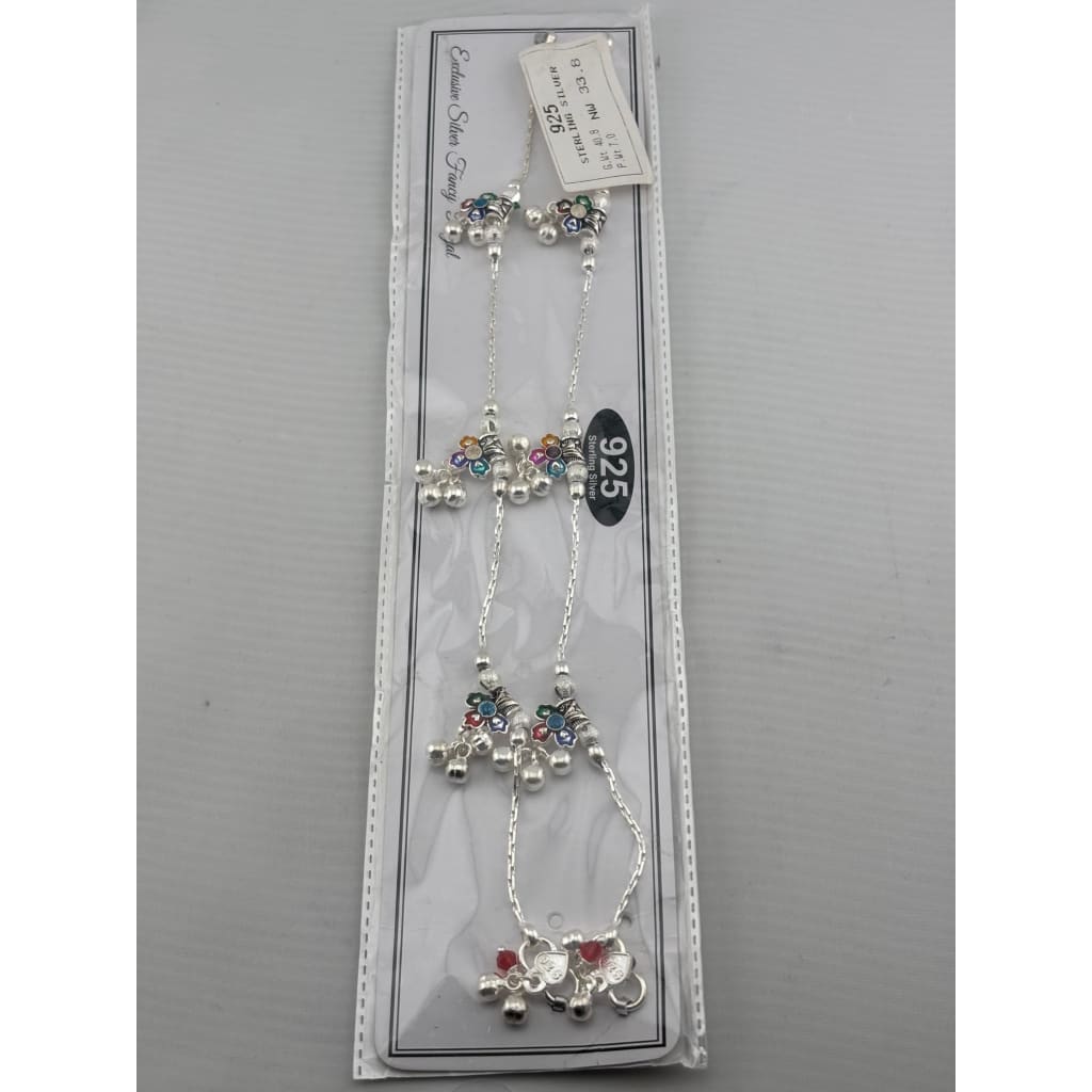 Multicolor Floral Ghungroo Silver Anklet – 925 Sterling Silver – Adjustable – 33.8 g