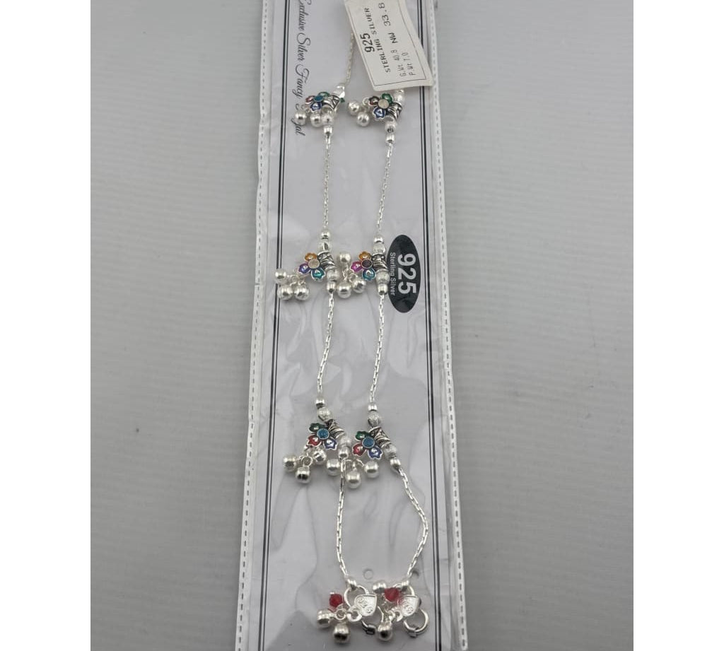 Multicolor Floral Ghungroo Silver Anklet – 925 Sterling Silver – Adjustable – 33.8 g