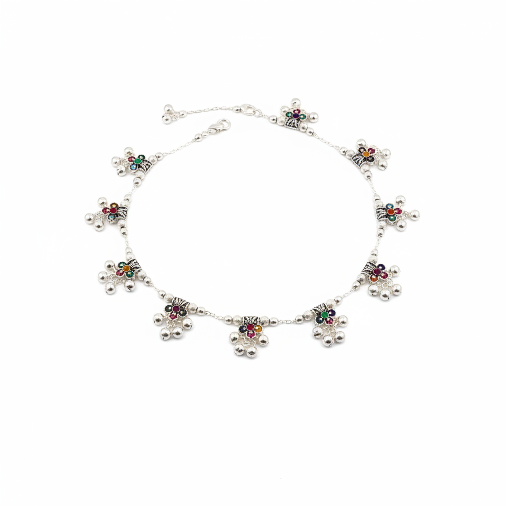 Multicolor Floral Ghungroo Silver Anklet – 925 Sterling Silver – Adjustable – 33.8 g