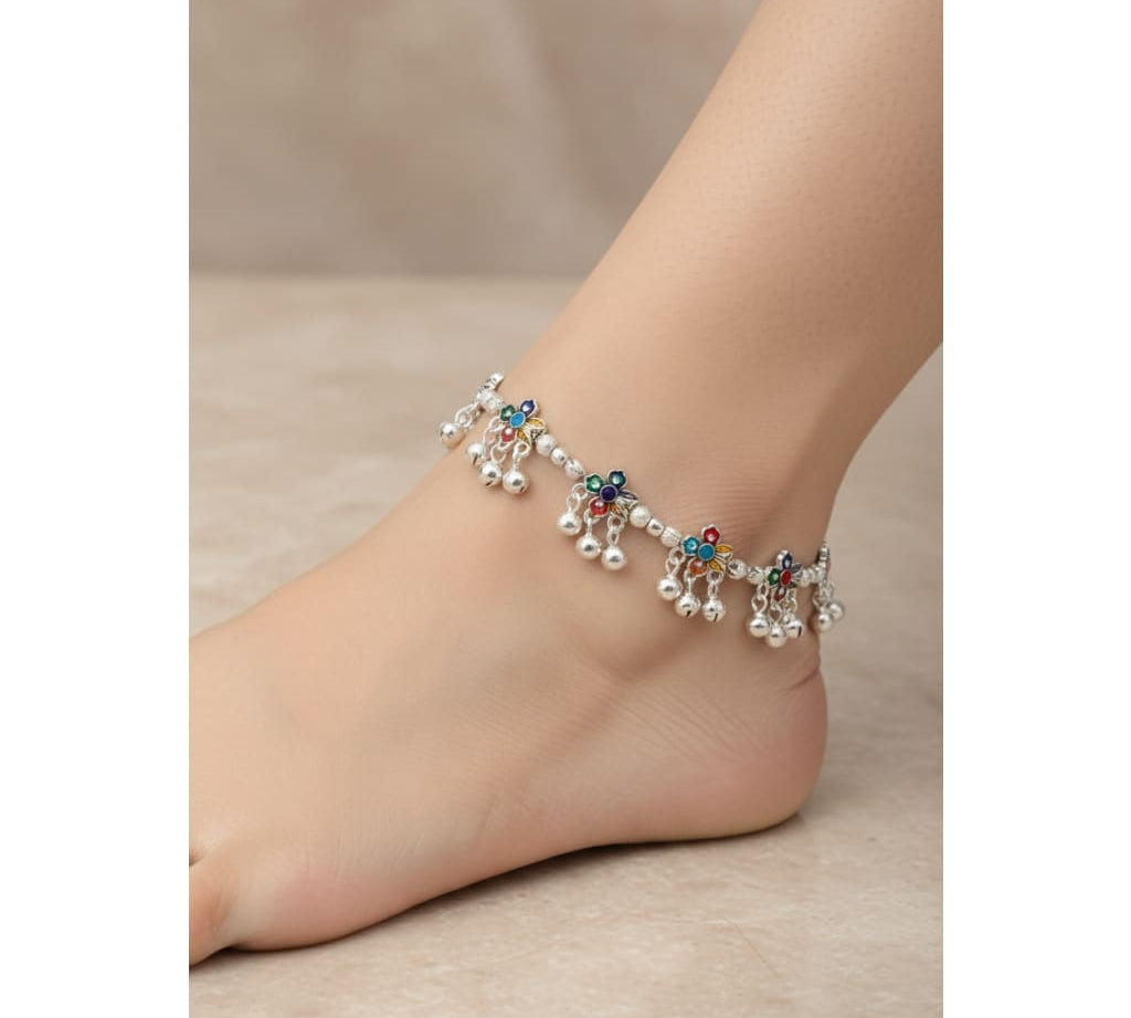 Multicolor Floral Ghungroo Silver Anklet – 925 Sterling Silver – Adjustable – 33.8 g