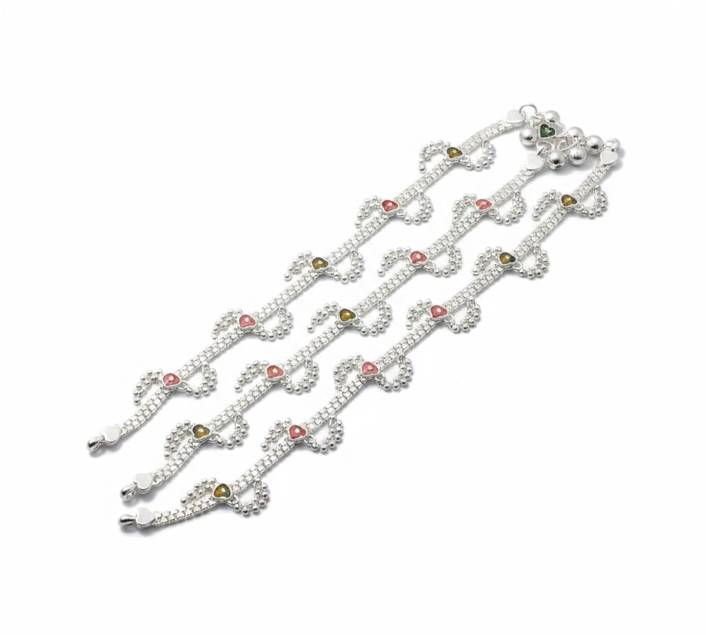 Multicolor Heart Charm Anklet – 925 Sterling Silver – Adjustable- 37g
