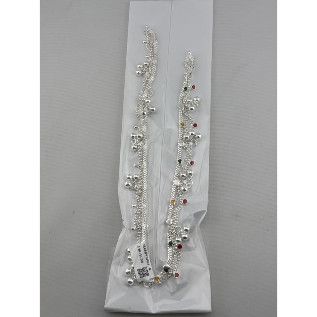 Navratna Bell Layered Silver Anklet – 99.9% Pure Silver – Adjustable – 53.19 g