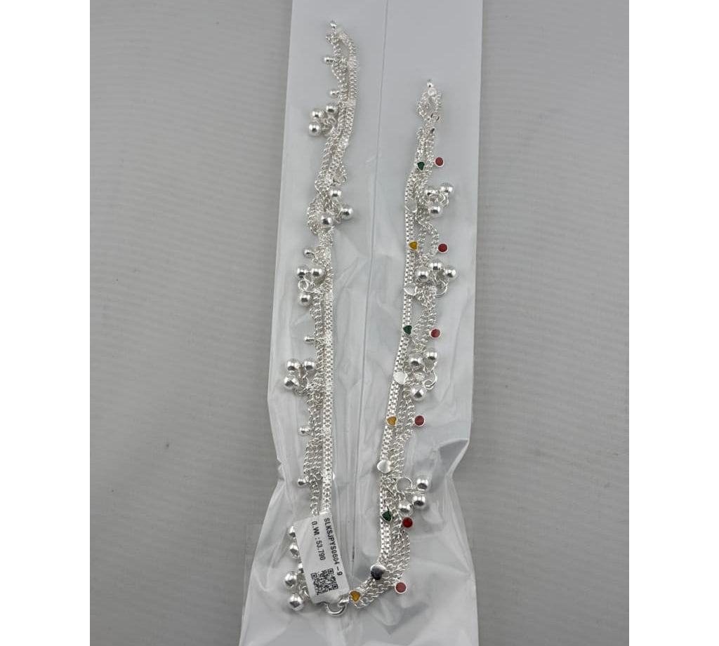 Navratna Bell Layered Silver Anklet – 99.9% Pure Silver – Adjustable – 53.19 g