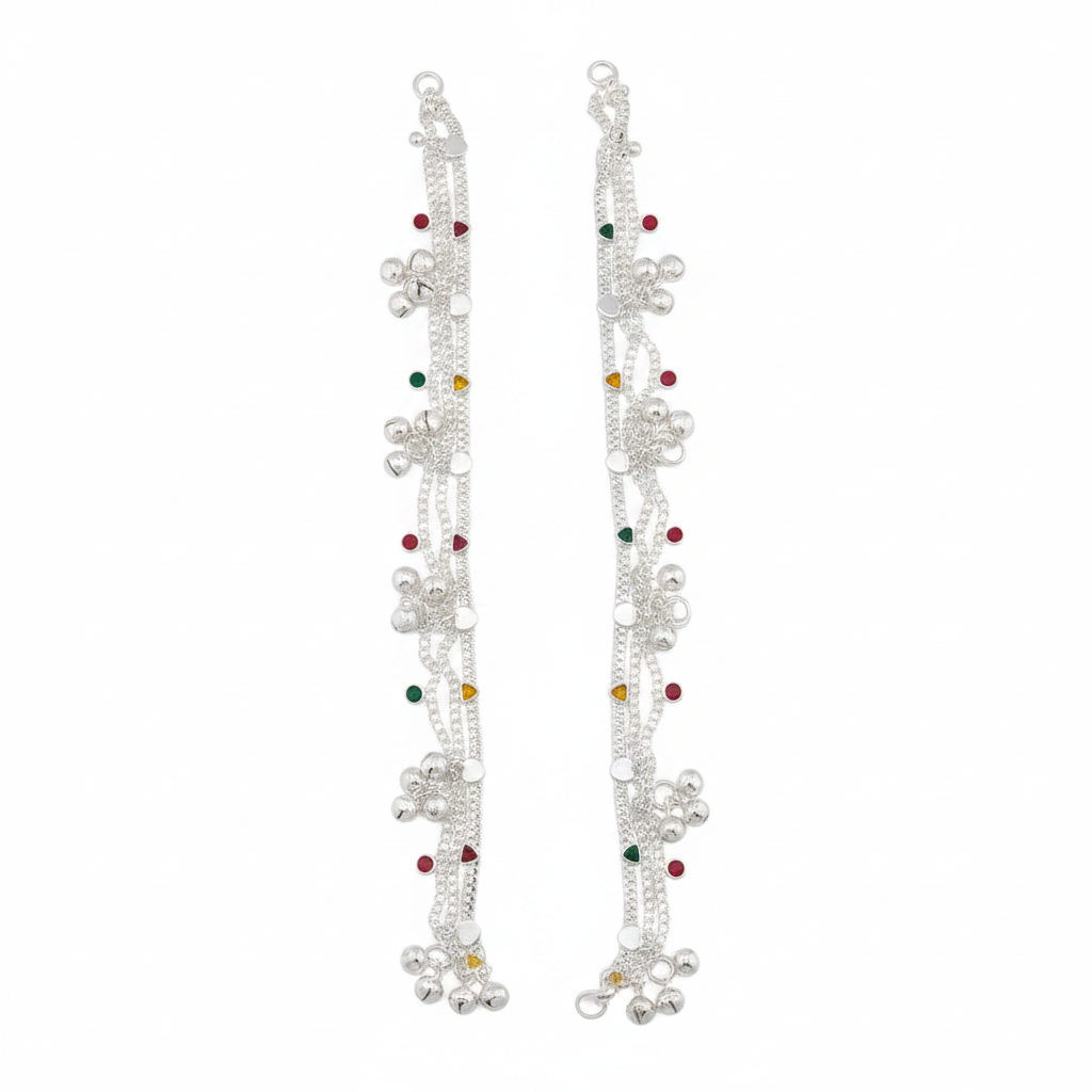 Navratna Bell Layered Silver Anklet – 99.9% Pure Silver – Adjustable – 53.19 g