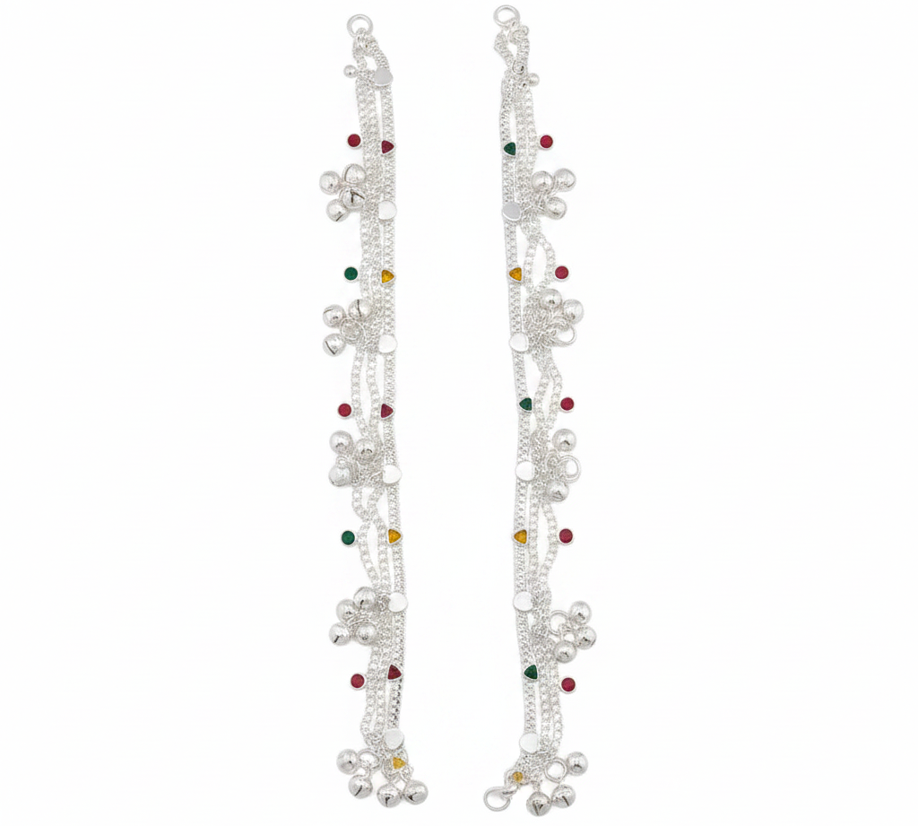 Navratna Bell Layered Silver Anklet – 99.9% Pure Silver – Adjustable – 53.19 g
