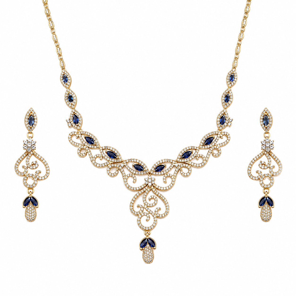 Gold-plated 925 sterling silver blue marquise vine necklace and earrings set on white