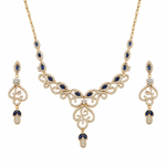 Gold-plated 925 sterling silver blue marquise vine necklace and earrings set on white