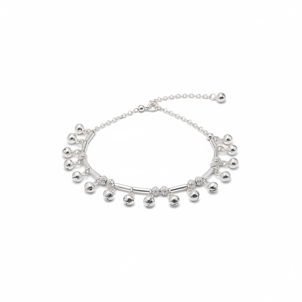Ornate Bar Bead Silver Anklet – 99.9% Pure Silver – Weight:24g