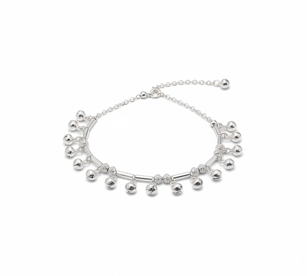 Ornate Bar Bead Silver Anklet – 99.9% Pure Silver – Weight:24g