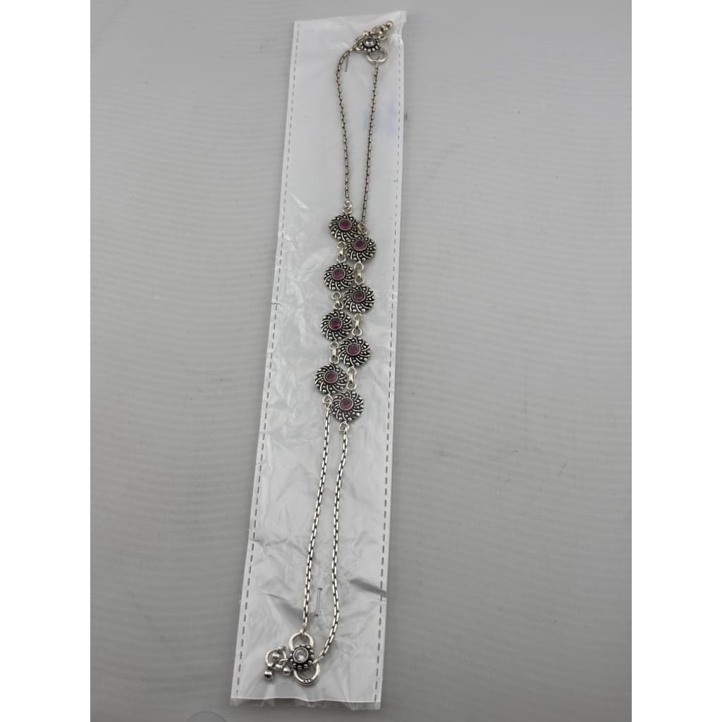 Oxidised Pink Stone Anklet – 925 Sterling Silver – Vintage Floral Link Design – 20g