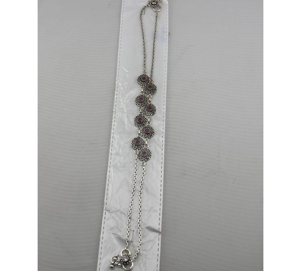 Oxidised Pink Stone Anklet – 925 Sterling Silver – Vintage Floral Link Design – 20g