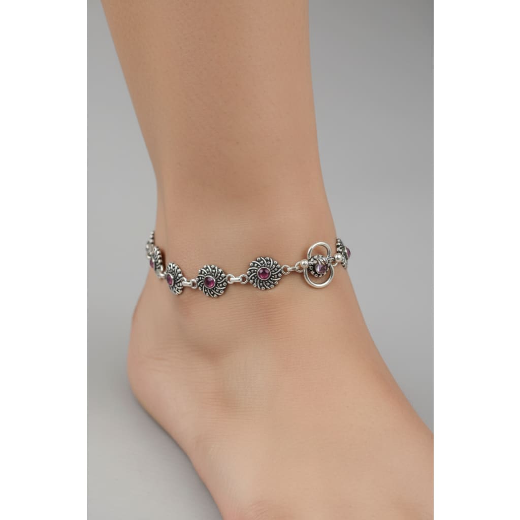 Oxidised Pink Stone Anklet – 925 Sterling Silver – Vintage Floral Link Design – 20g