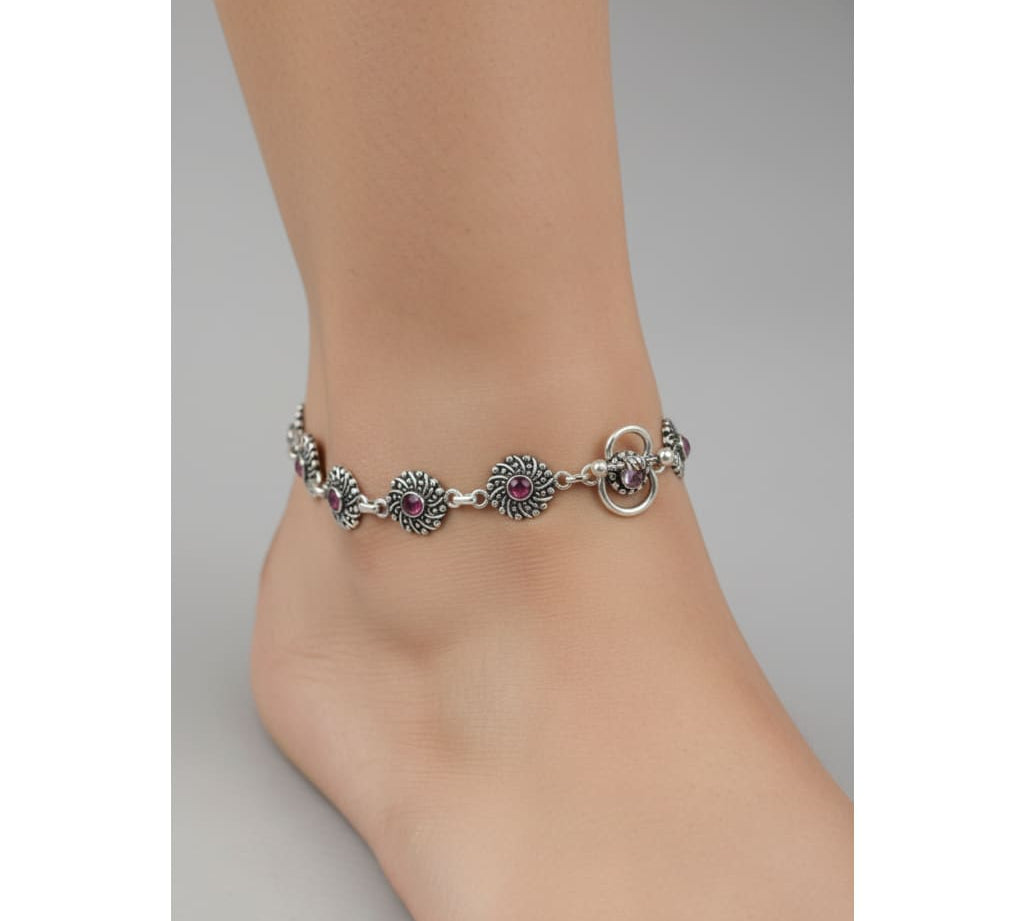 Oxidised Pink Stone Anklet – 925 Sterling Silver – Vintage Floral Link Design – 20g