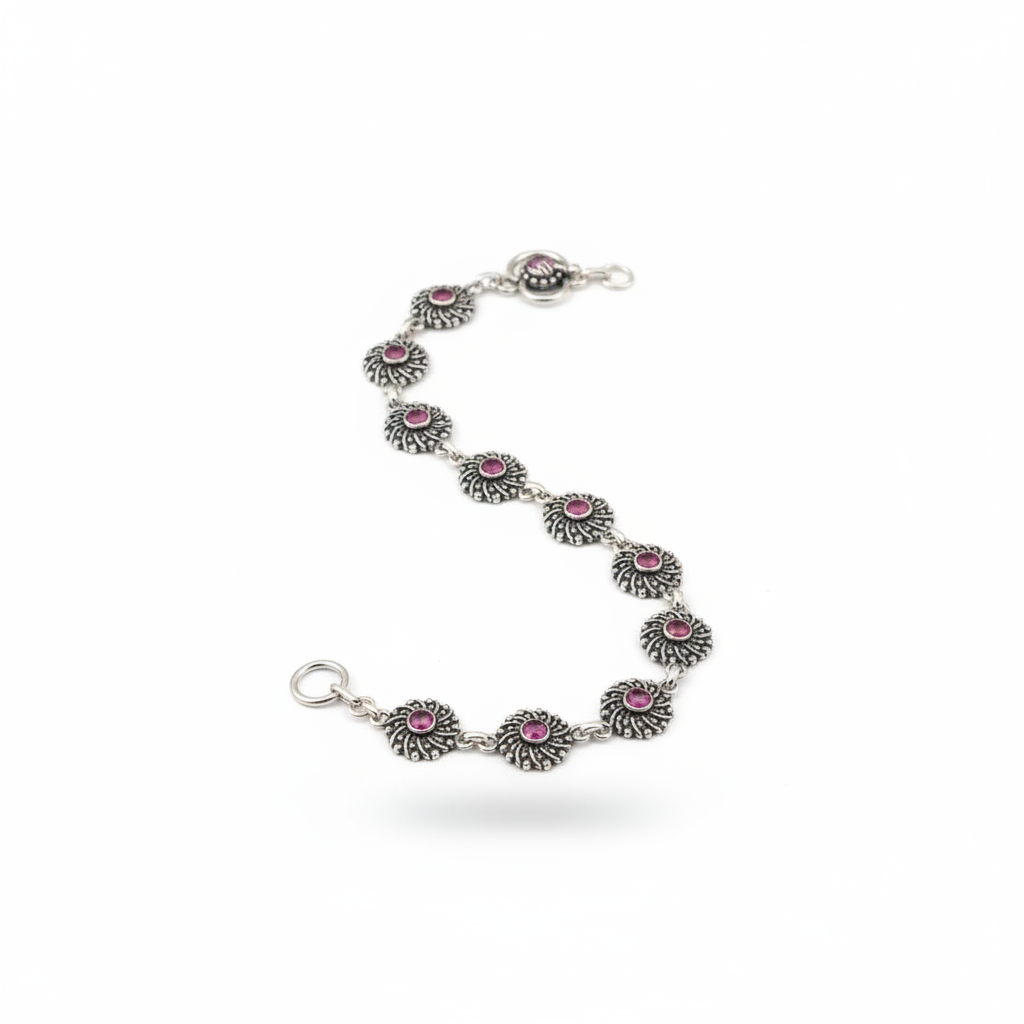 Oxidised Pink Stone Anklet – 925 Sterling Silver – Vintage Floral Link Design-20g
