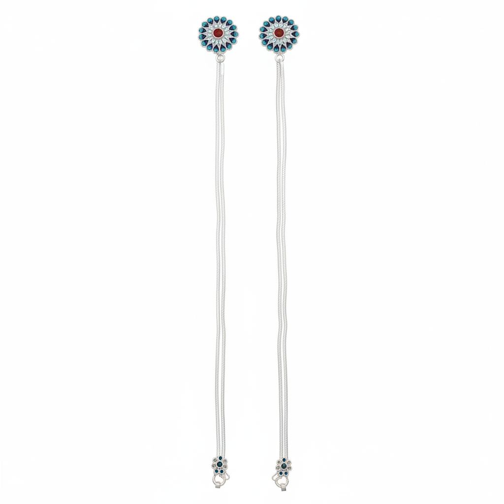 Peacock Drop Multi-Chain Silver Anklet – 99.9% Pure Silver – Layered Design – Adjustable-62g