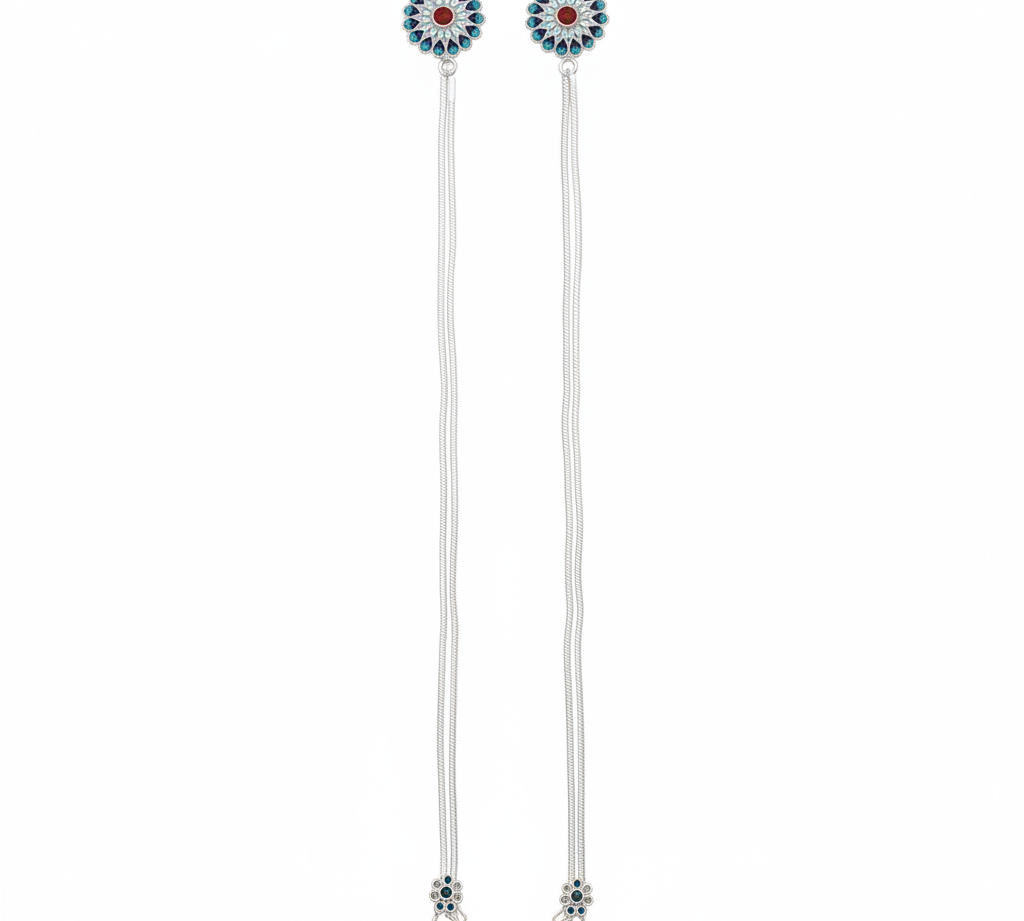Peacock Drop Multi-Chain Silver Anklet – 99.9% Pure Silver – Layered Design – Adjustable-62g