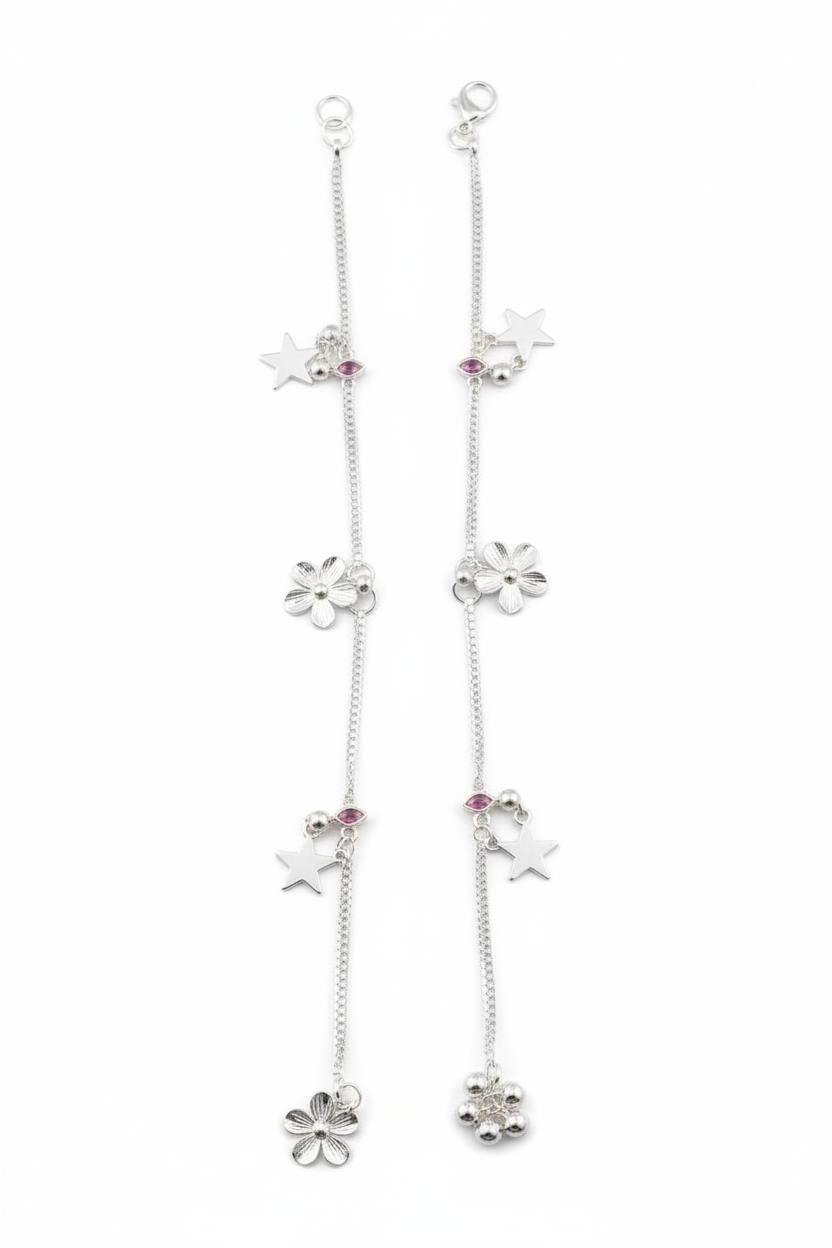 Pink Eye Charm Silver Anklet – 99.9% Pure Silver – Adjustable – Dual Chain Design-22g