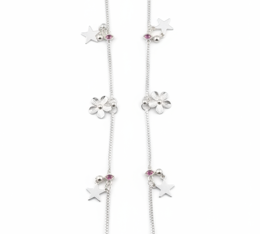 Pink Eye Charm Silver Anklet – 99.9% Pure Silver – Adjustable – Dual Chain Design-22g