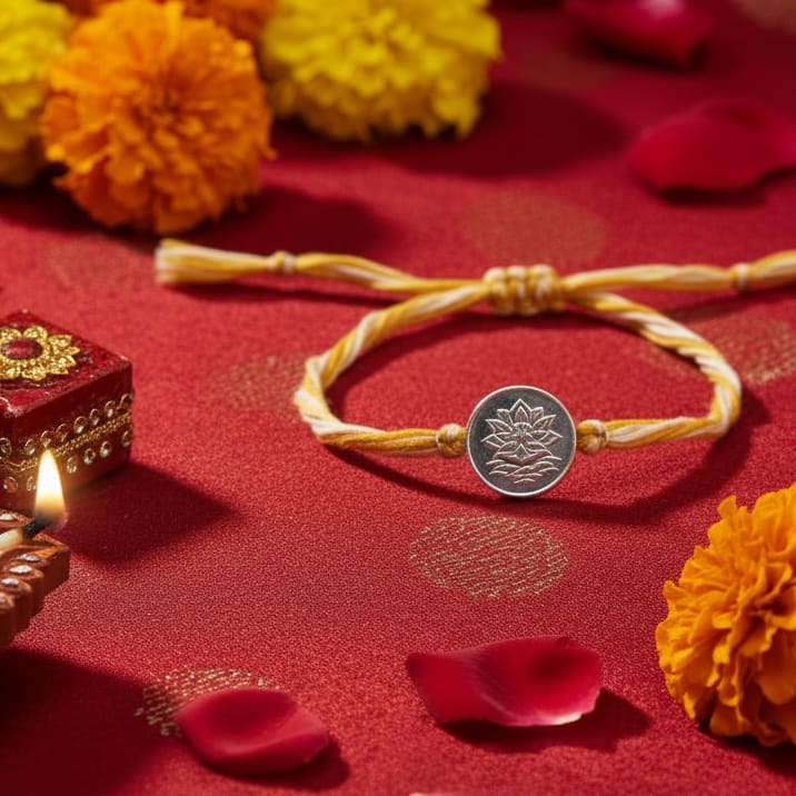 Pure Silver Lotus Charm Rakhi thread – Adjustable Sacred