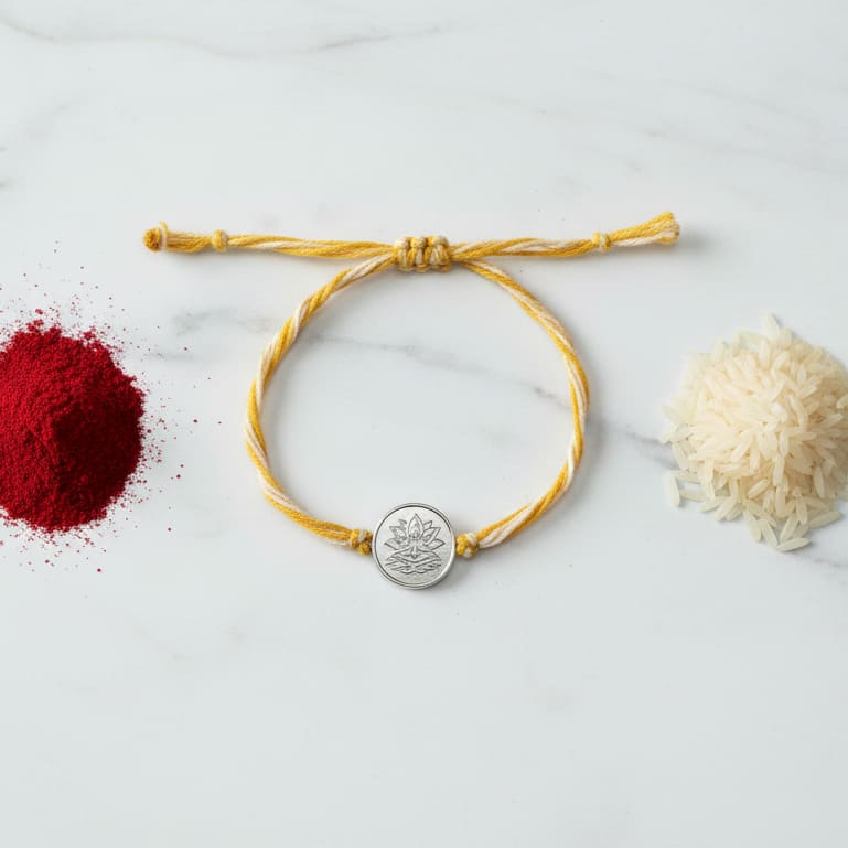 Pure Silver Lotus Charm Rakhi thread – Adjustable Sacred