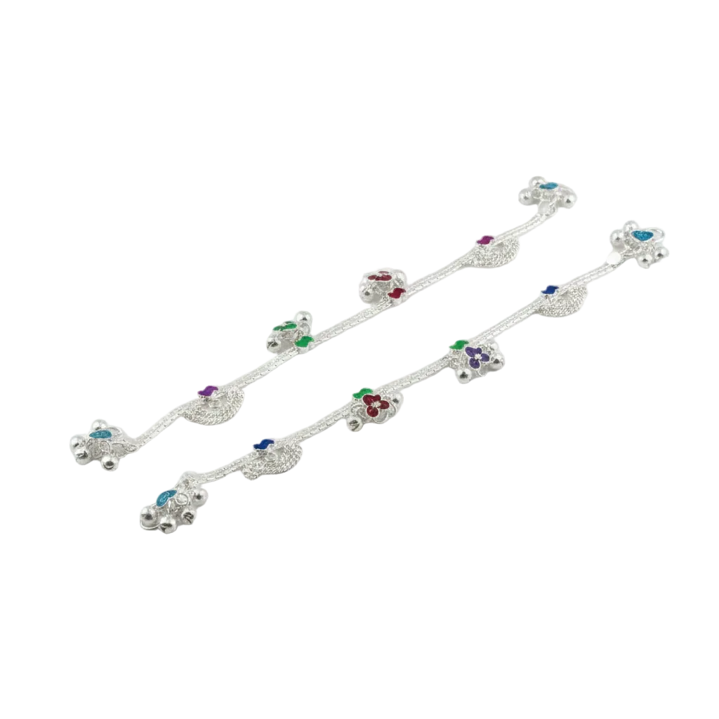Rainbow Floral Layered Silver Anklet – 99.9% Pure Silver – Adjustable – 53.22 g