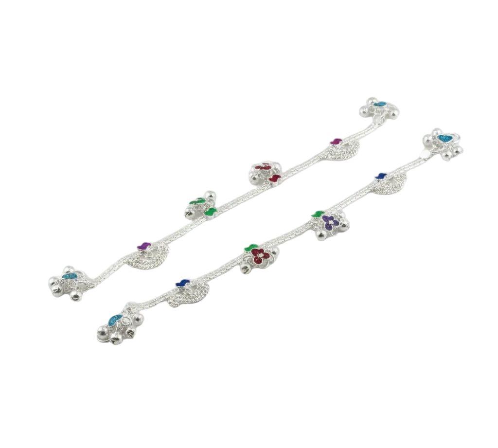 Rainbow Floral Layered Silver Anklet – 99.9% Pure Silver – Adjustable – 53.22 g