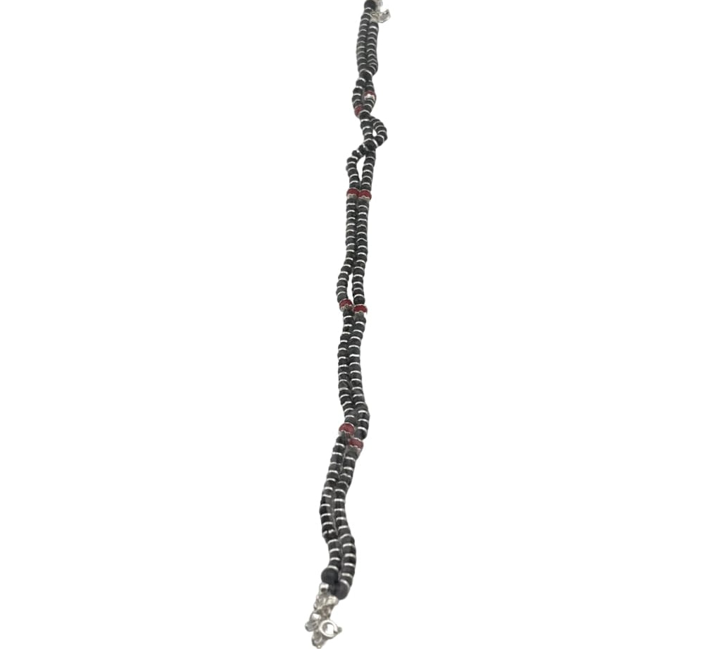 Red Accent Black Beaded Nazariya Anklet in 925 Sterling Silver