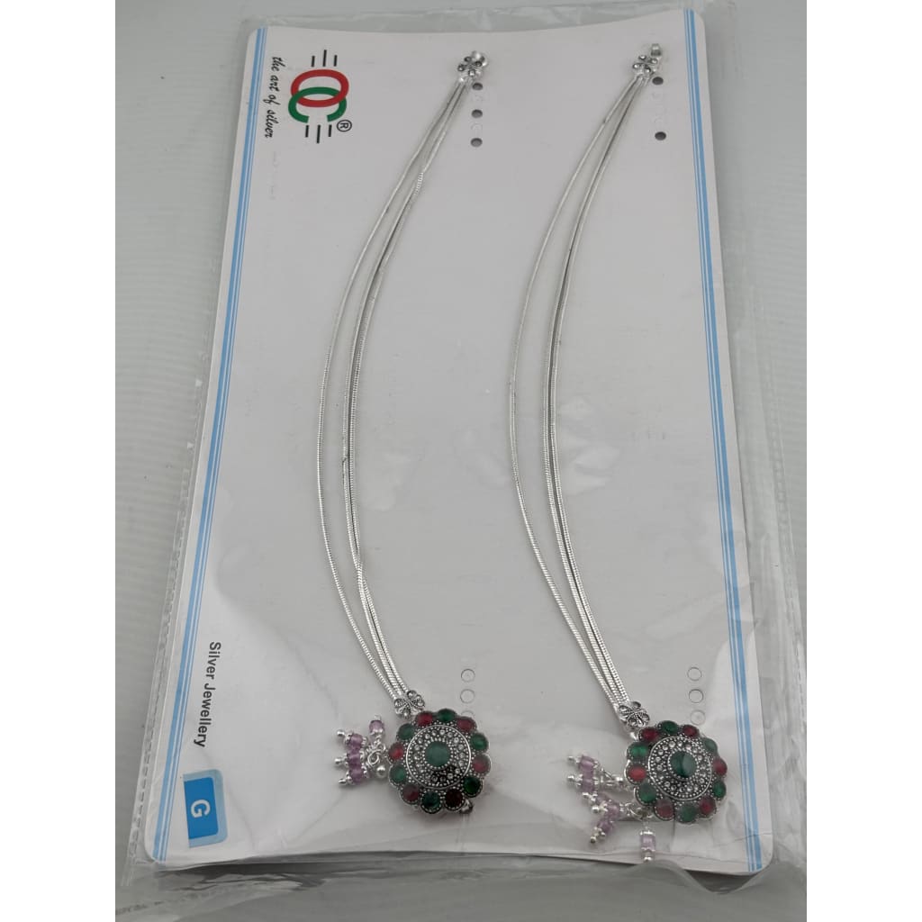 Royal Circle Kundan Silver Anklet – 99.9% Pure Silver – Multicolor Stones – Adjustable – 75g