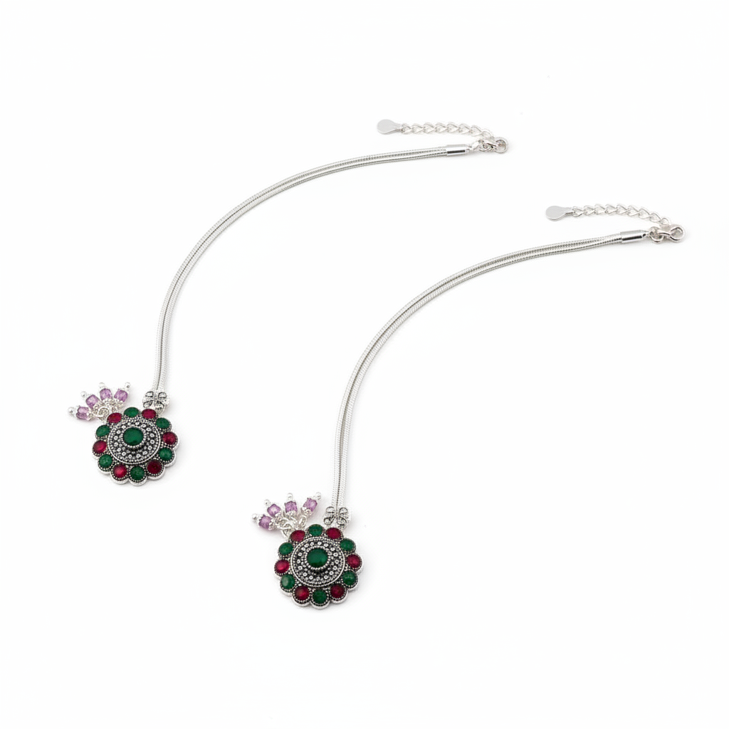 Royal Circle Kundan Silver Anklet – 99.9% Pure Silver – Multicolor Stones – Adjustable-75g