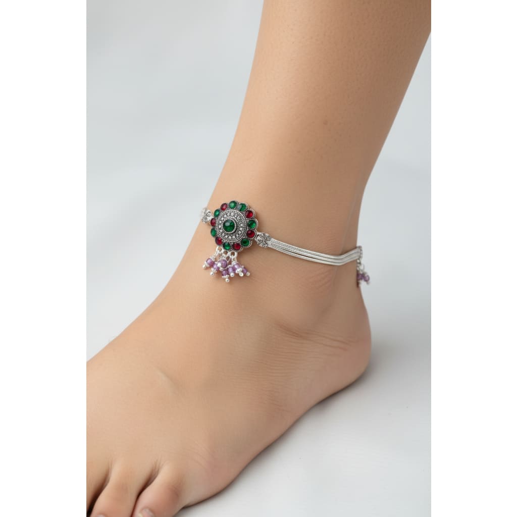 Royal Circle Kundan Silver Anklet – 99.9% Pure Silver – Multicolor Stones – Adjustable – 75g