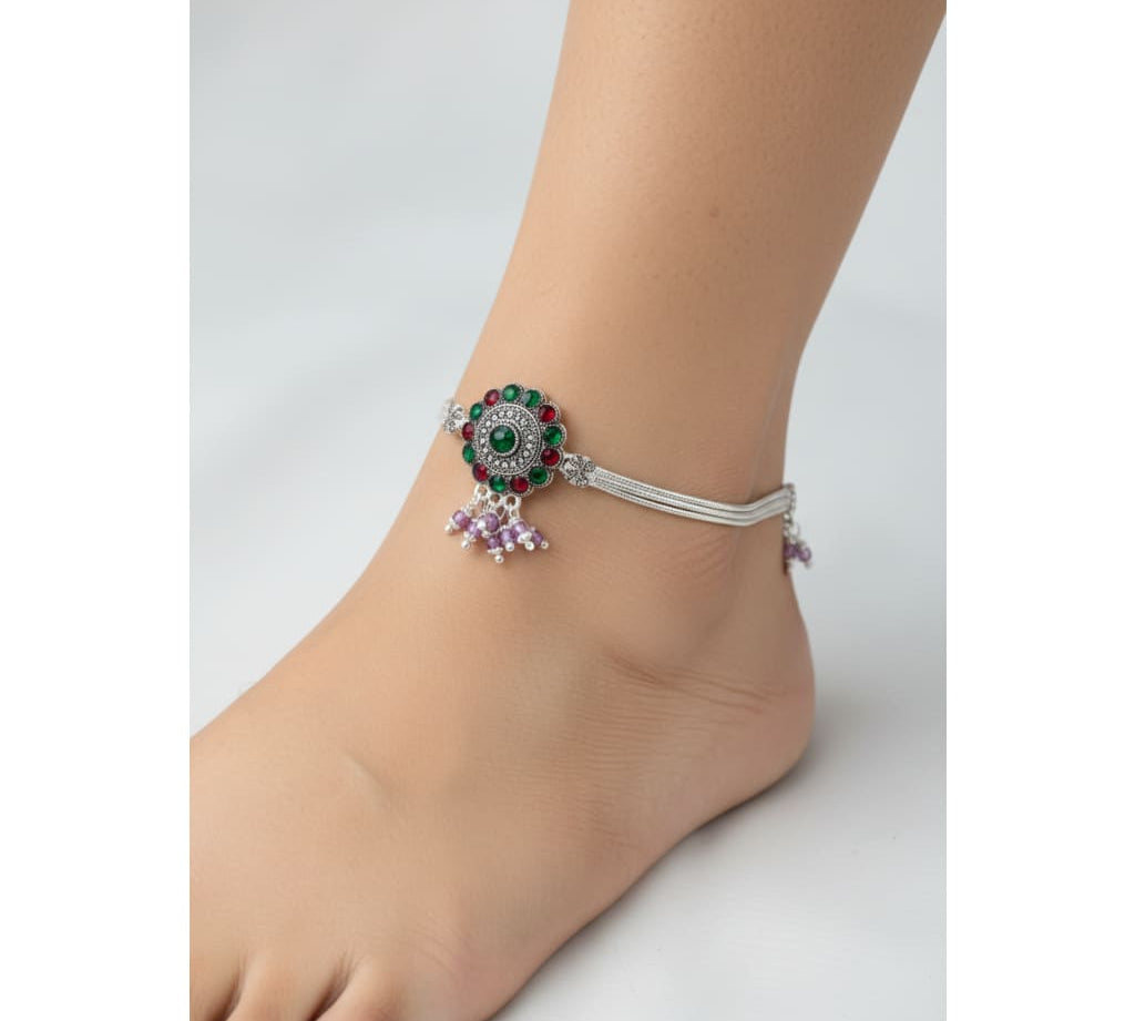 Royal Circle Kundan Silver Anklet – 99.9% Pure Silver – Multicolor Stones – Adjustable – 75g