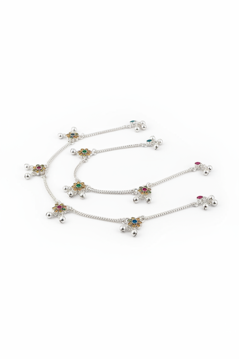 Royal Floral Kundan Silver Anklet – 99.9% Pure Silver – Adjustable – 29.48 g